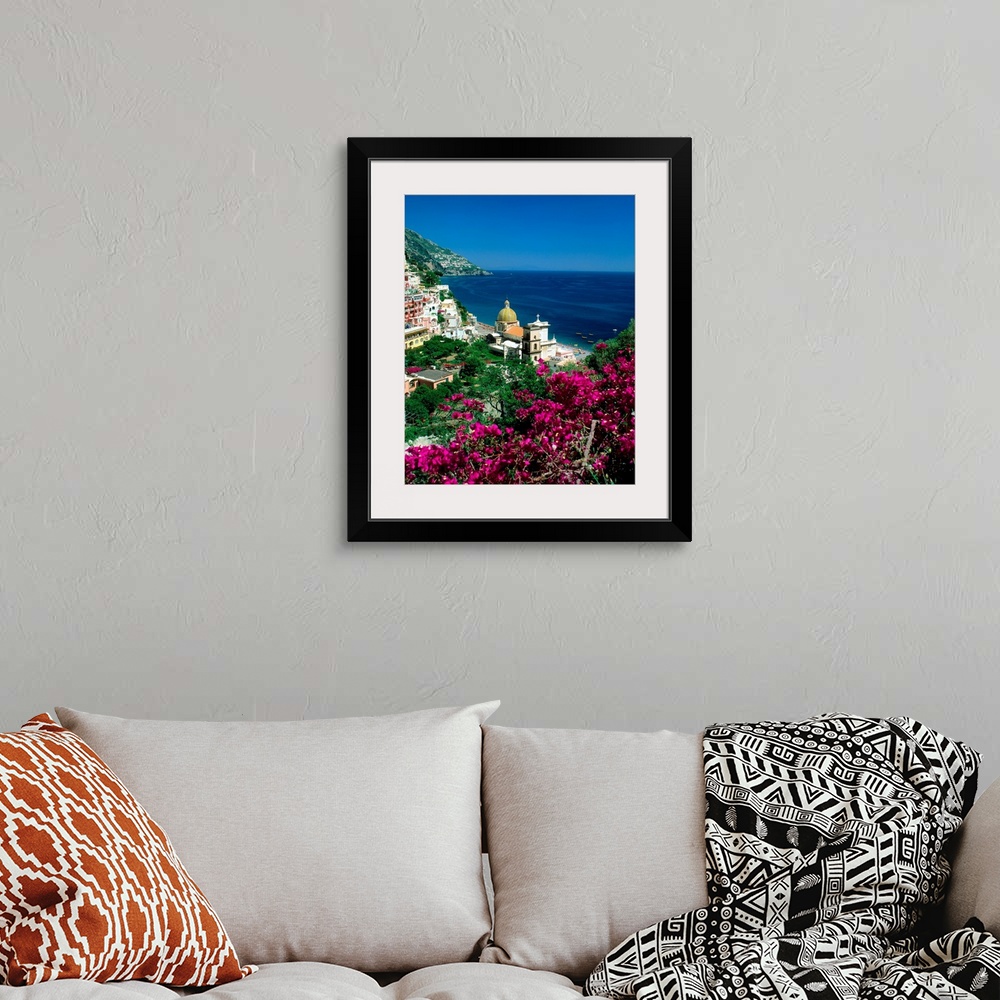 A bohemian room featuring Italy, Campania, Positano, view over town and coast, Amalfi coast