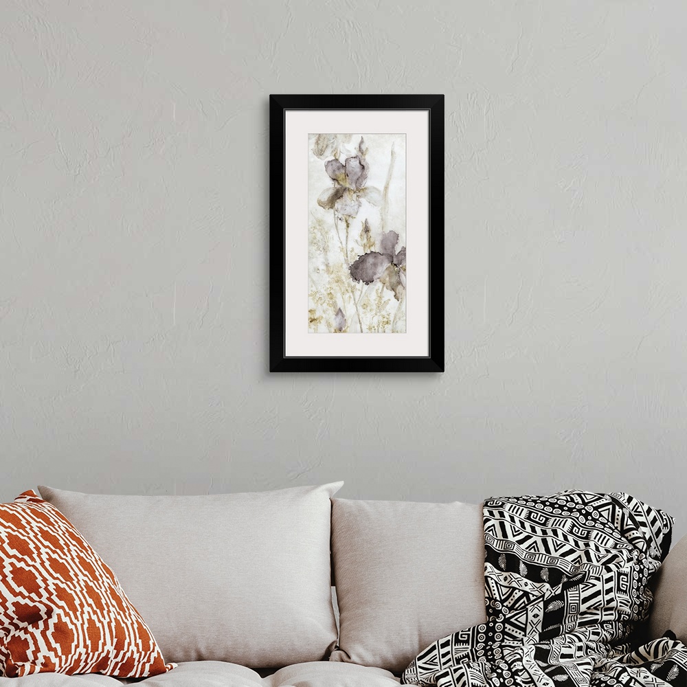 A bohemian room featuring Droplets and splattered paint in subdued colors create this contemporary artwork of iris flowers.