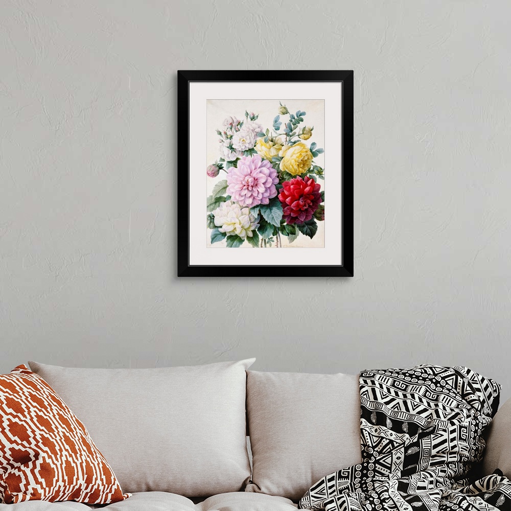A bohemian room featuring Bouquet Of Dahlias And Roses By Camille De Chantereine