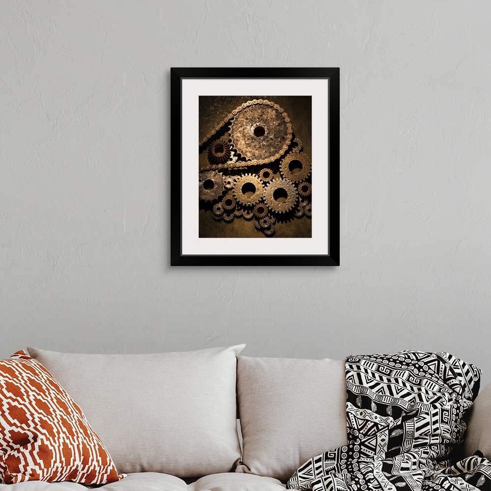 A bohemian room featuring Pulley and assortment of gears