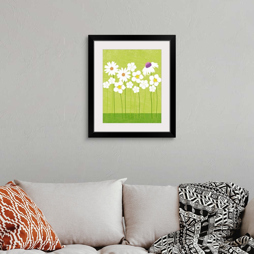 A bohemian room featuring Graphic Spring Flowers poster illustration
