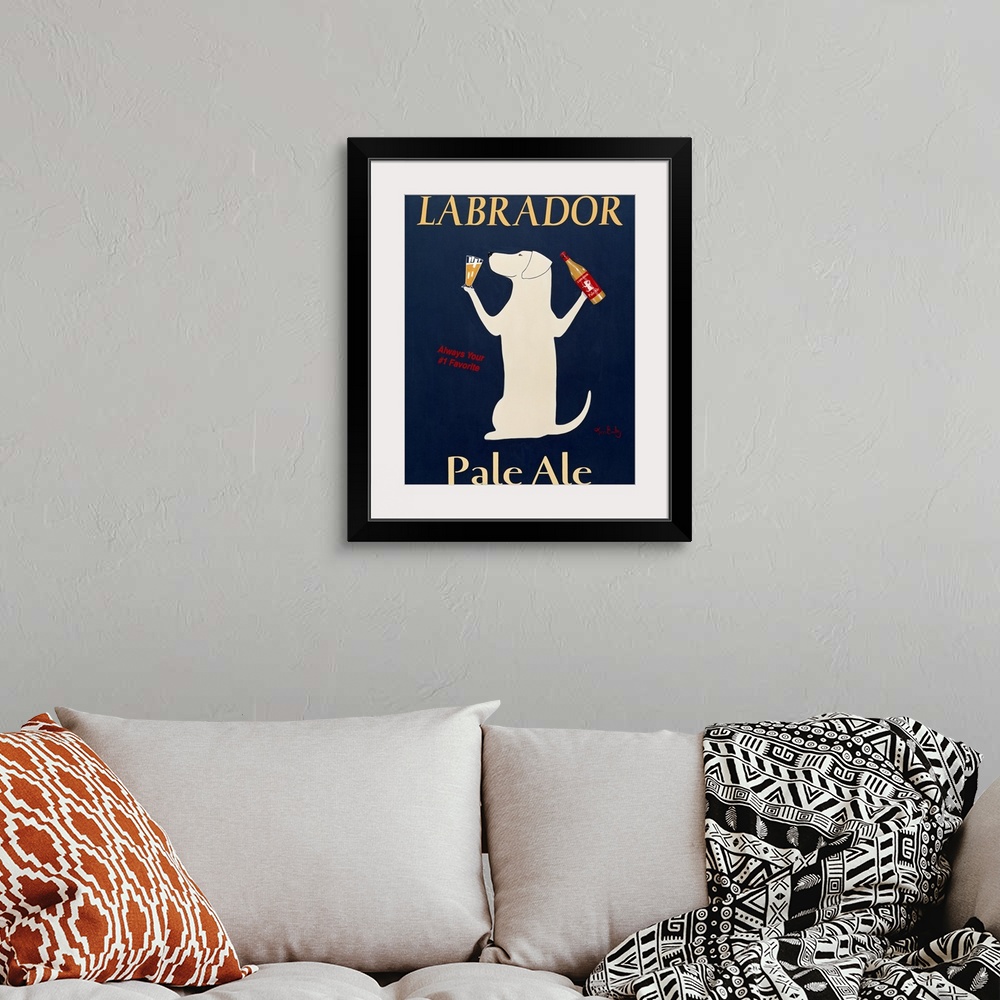 A bohemian room featuring Playful poster art work featuring a dog holding a beer bottle in one paw and a glass of alcohol I...