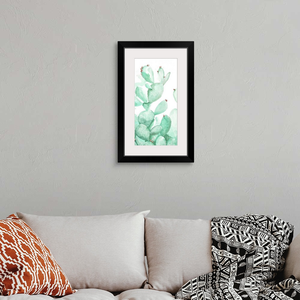 A bohemian room featuring A contemporary watercolor painting of a vibrant green cactus against a white background.