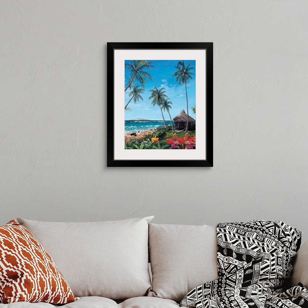 A bohemian room featuring This is a vertical landscape painting of a straw roof hut and hammock slung between palm trees ne...