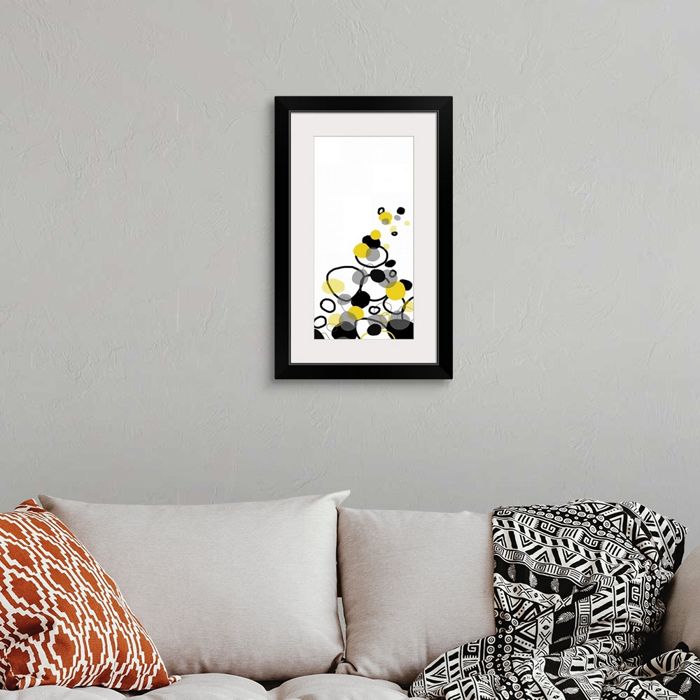 A bohemian room featuring This poster is a pop art print inspired by the shapes of falling rocks. This image would be a wel...
