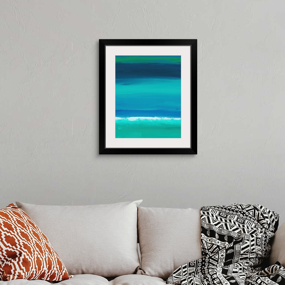 A bohemian room featuring Contemporary abstract artwork resembling an ocean horizon at night, with bands of color.