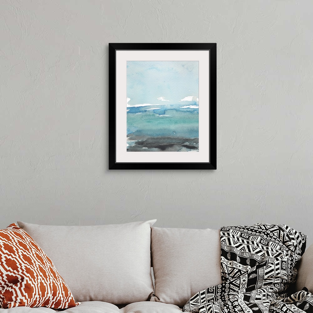 A bohemian room featuring Vertical abstract landscape painting of an ocean using horizontal, broad brush strokes in blue an...