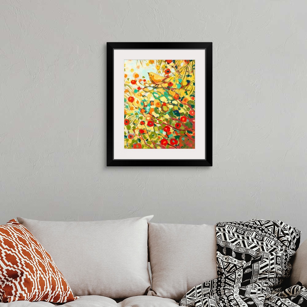 A bohemian room featuring This contemporary painting is a colorful blast of abstract and organic dabs of paint create a sce...