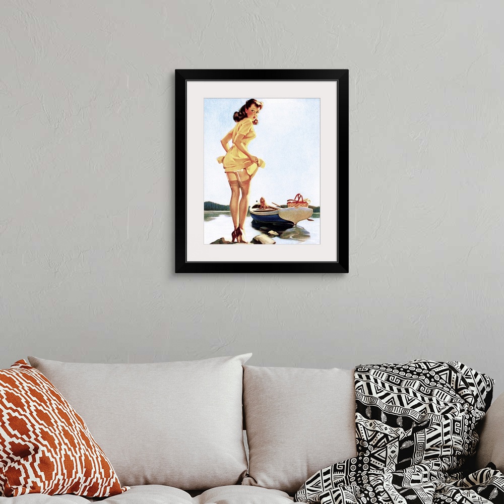 A bohemian room featuring Vintage 50's pin-up girl holding up her skirt as she makes her way to her boat.