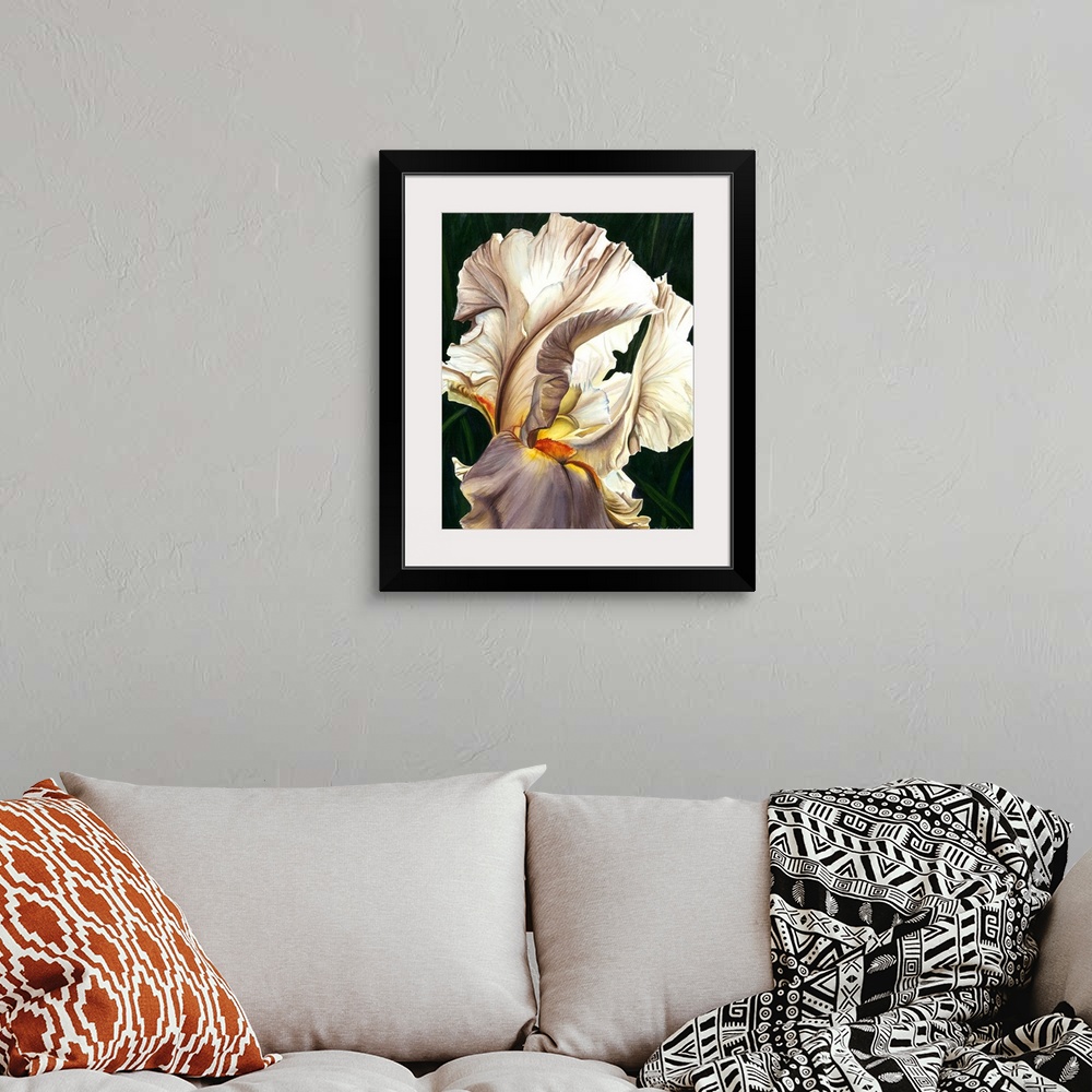 A bohemian room featuring A contemporary watercolor of the fine details of a white iris with yellow accents.