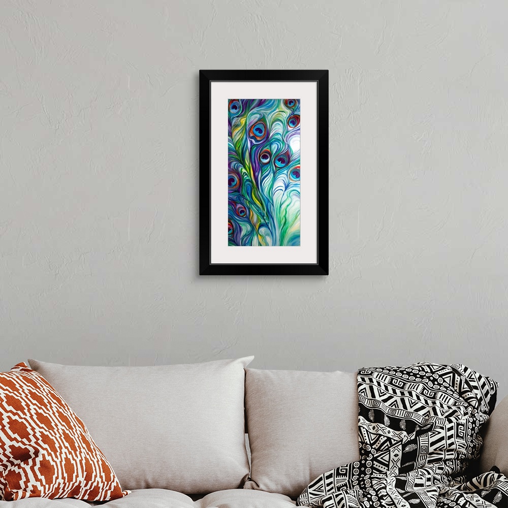 A bohemian room featuring This abstraction of the peacock feathers has dynamic design and exciting color.