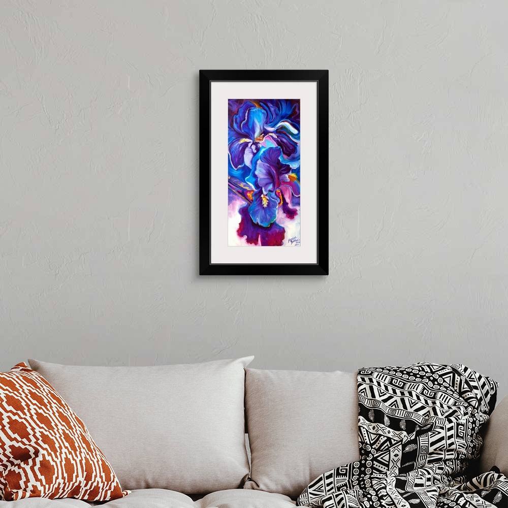 A bohemian room featuring Floral Abstract of two purple Iris blossoms.