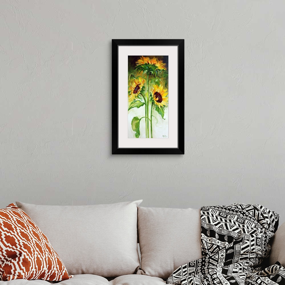 A bohemian room featuring Panel painting with three long stemmed sunflowers on an abstract white, green, yellow, and black ...