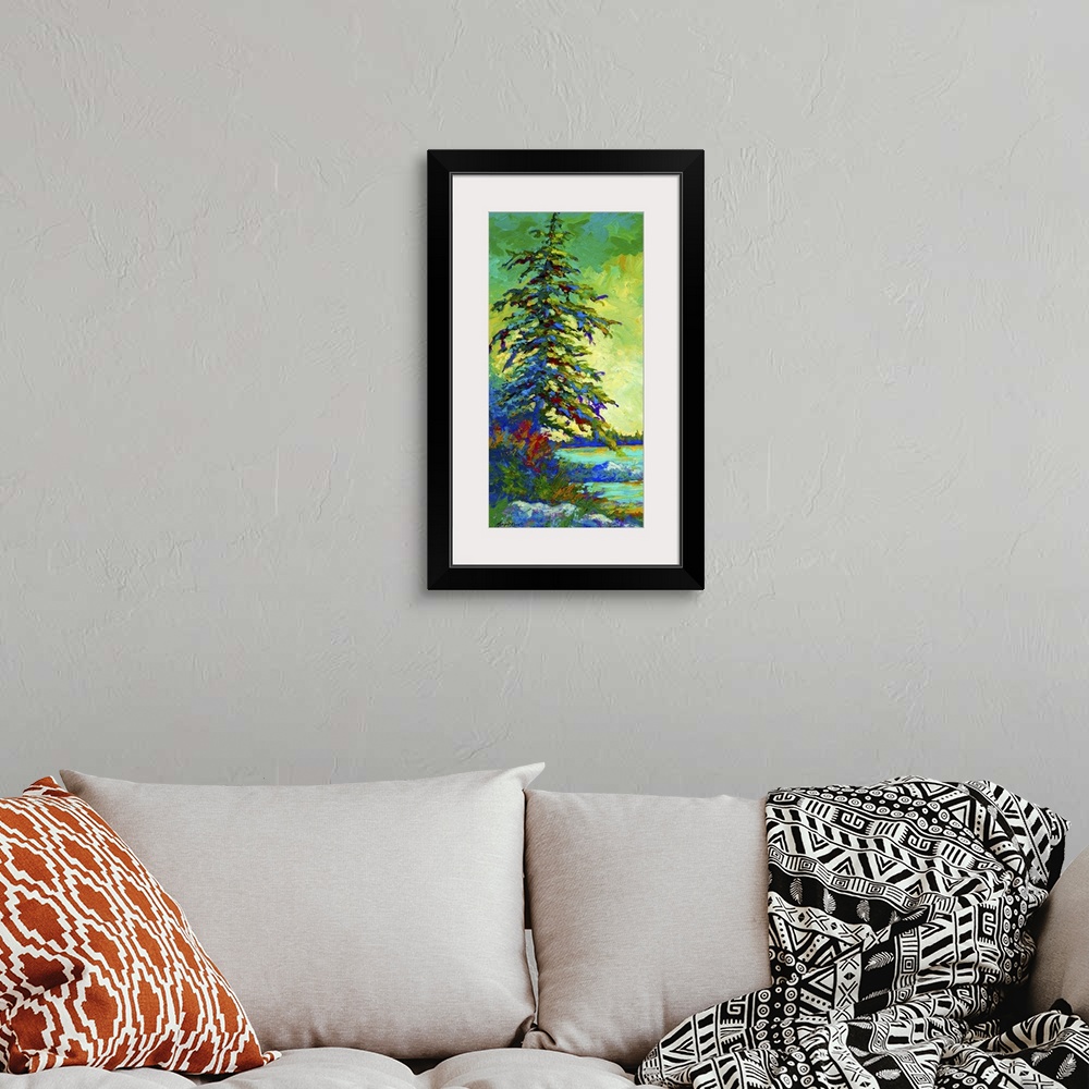 A bohemian room featuring Tall painting on canvas of a tree beside the water made up of brush strokes.