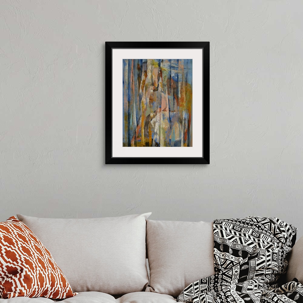 A bohemian room featuring Tall abstract painting on canvas of horses with vertical lines of color.