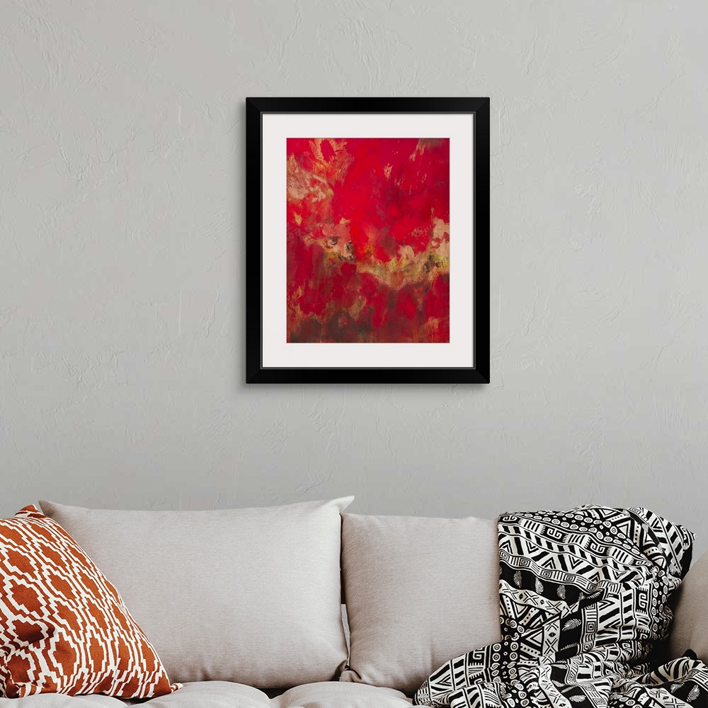 A bohemian room featuring Contemporary abstract art, originally in acrylic, in deep red shades with contrasting yellow.
