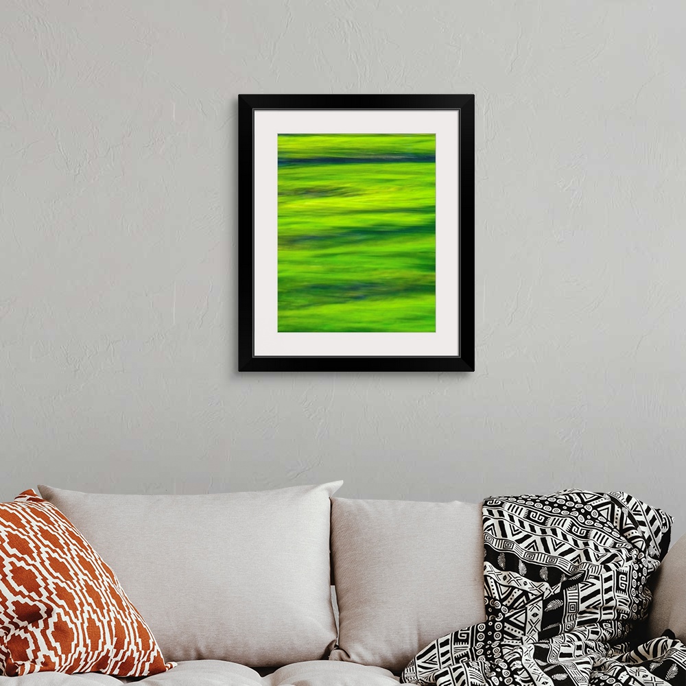 A bohemian room featuring Blurred photo of ripples in a green pond.