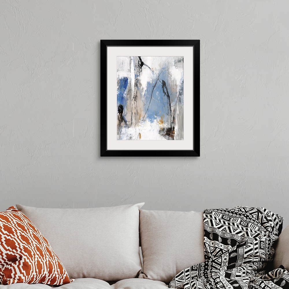A bohemian room featuring Contemporary abstract painting with white, gray, blue, and gold hues and thin black lines on top ...