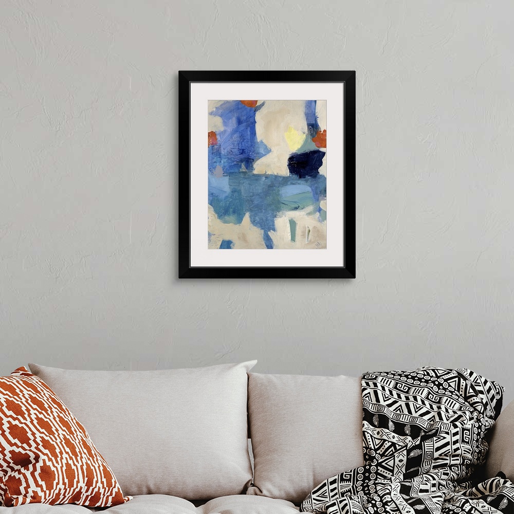 A bohemian room featuring This vertical abstract painting of huge swaths of color against a neutral background is perfect h...