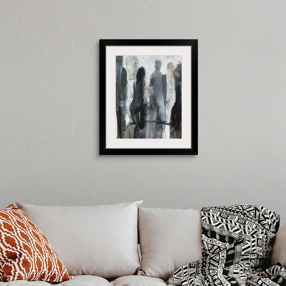 A bohemian room featuring Abstract painting of a group of standing human silhouettes in various shades of grey, on a bright...