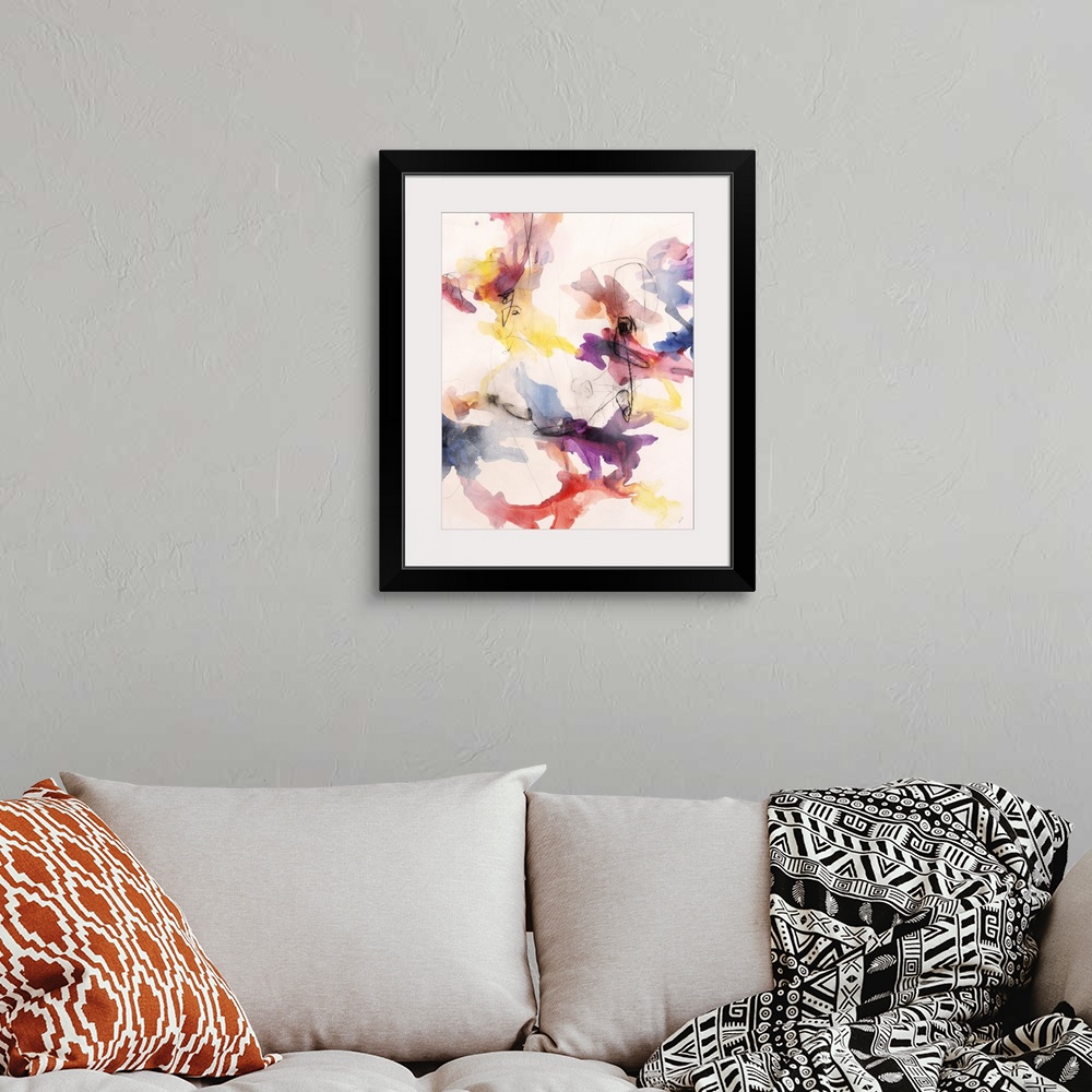 A bohemian room featuring Colorful abstract painting with connecting squiggly lines in various bright colors and dark, blac...