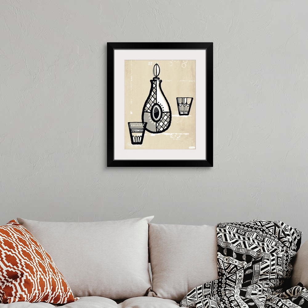 A bohemian room featuring 1960's vintage style wall art of bottle of scotch and two glasses illustrated in black pen and in...