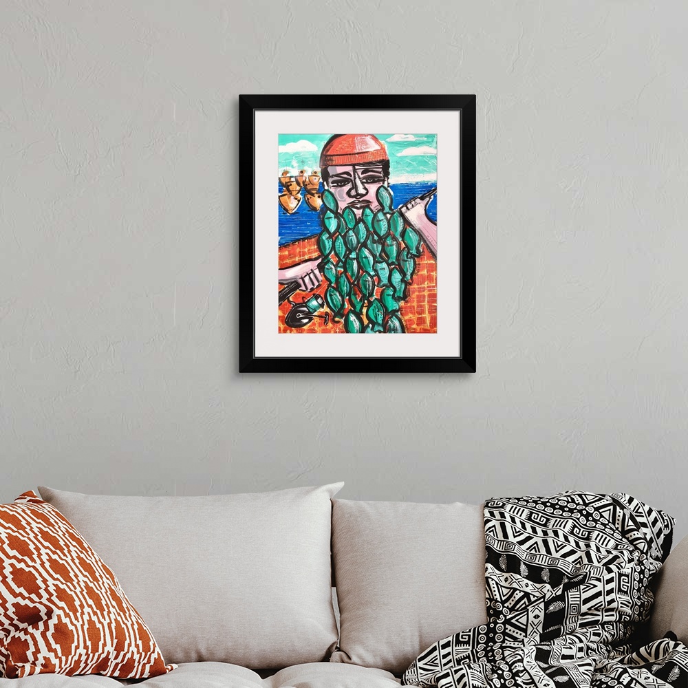 A bohemian room featuring Painting of a fisherman with fish as his full beard.