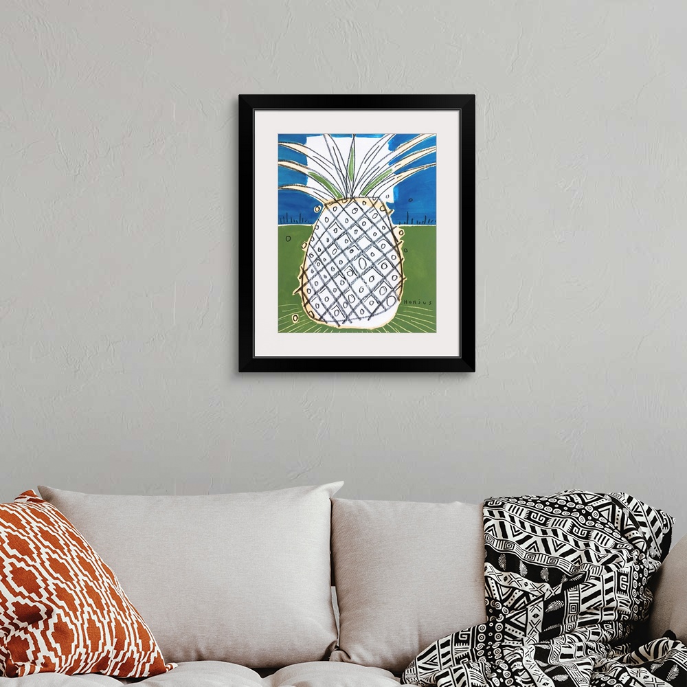 A bohemian room featuring Pineapple drawn with black grease pencil on a blue and green background.