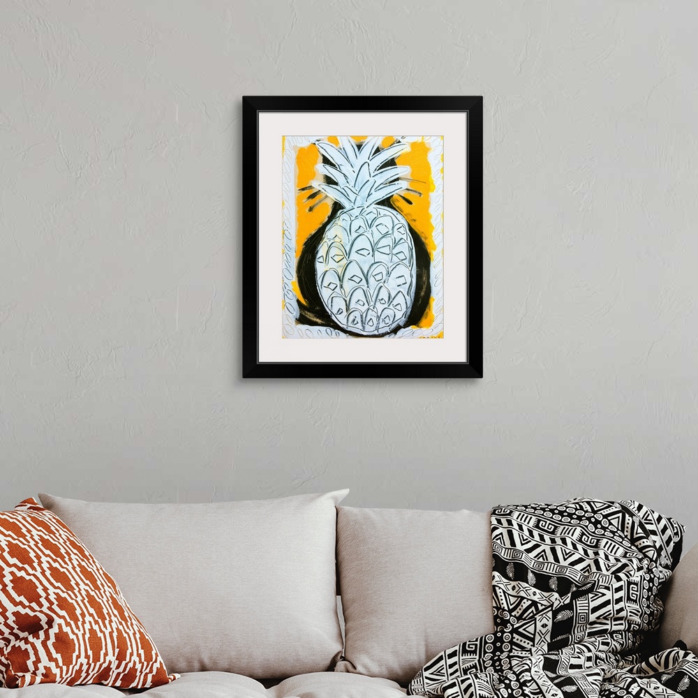A bohemian room featuring Pineapple painted white for its body and leaves on a yellow graphic background.