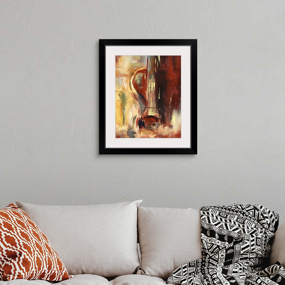 A bohemian room featuring A vertical abstract painting of a violin with muted colors of red and yellow.