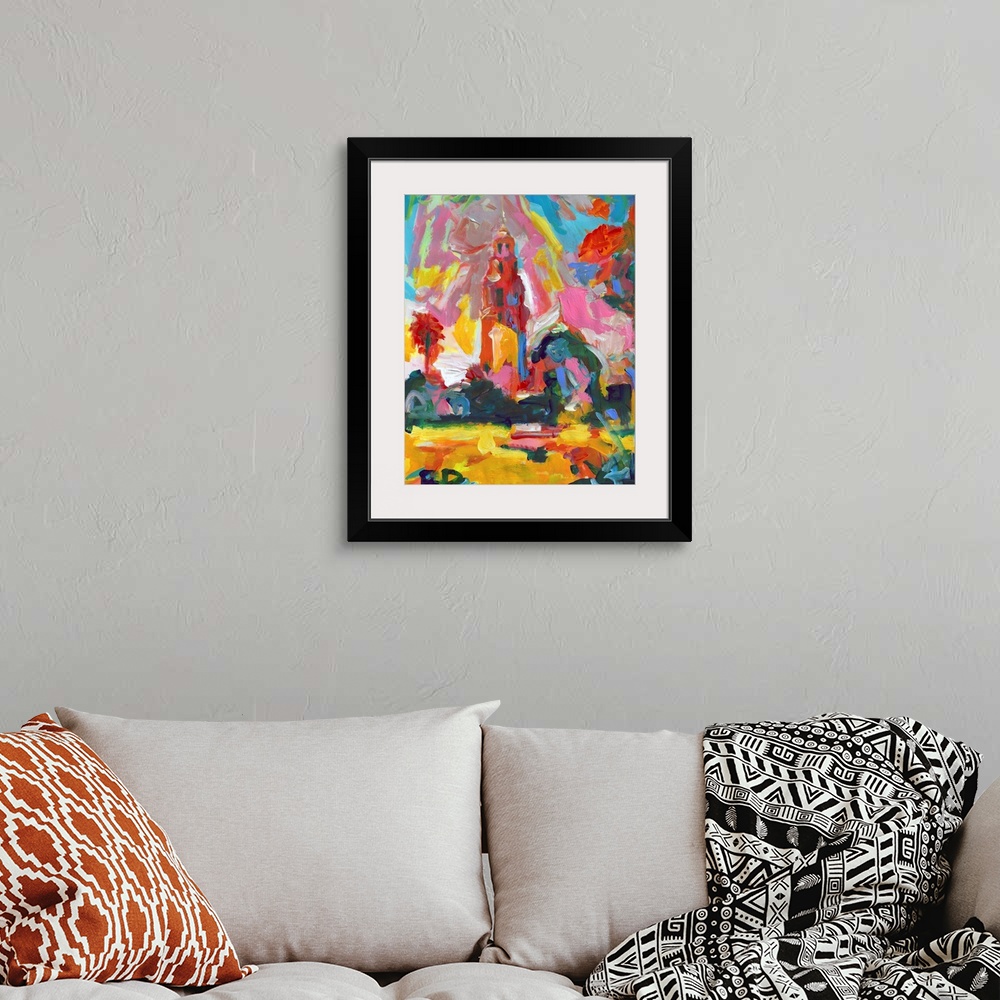A bohemian room featuring Balboa Park San Diego California Tower, Museum of Man painting in fauvist abstract style by RD Ri...