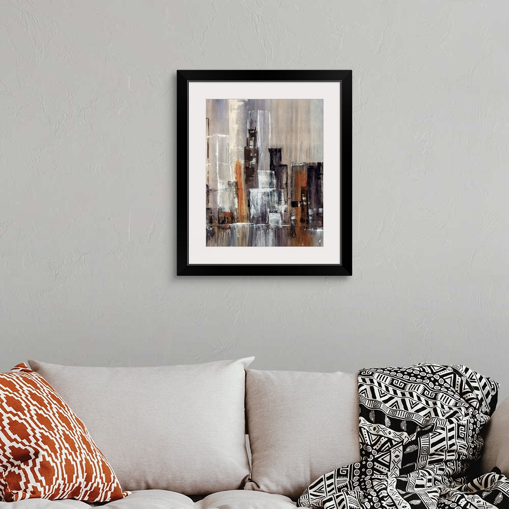 A bohemian room featuring Contemporary abstract painting of tall city building and skyscrapers with waterfall in the foregr...