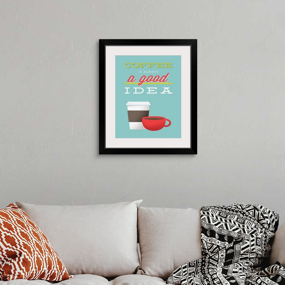 A bohemian room featuring Wall docor print of a tall and a short coffee cup on a solid background with text at the top.