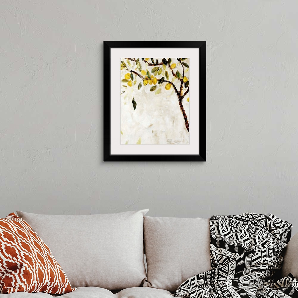 A bohemian room featuring Contemporary painting of a Meyer lemon tree over a neutral background.