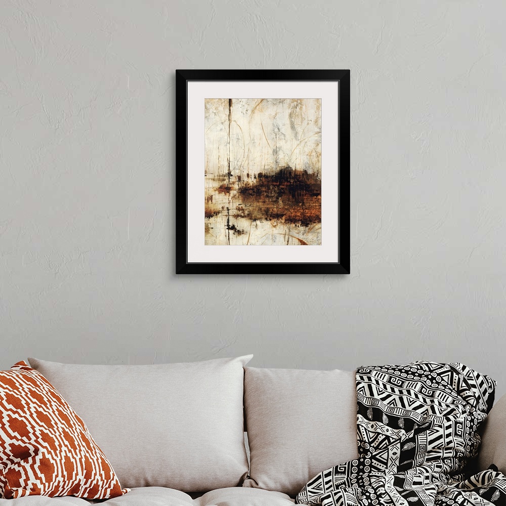 A bohemian room featuring This piece of abstract artwork has a neutral background that appears to have been scratched and d...