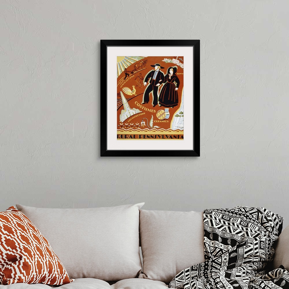 A bohemian room featuring Rural Pennsylvania. Poster promoting Pennsylvania, showing a man and a woman from a religious com...