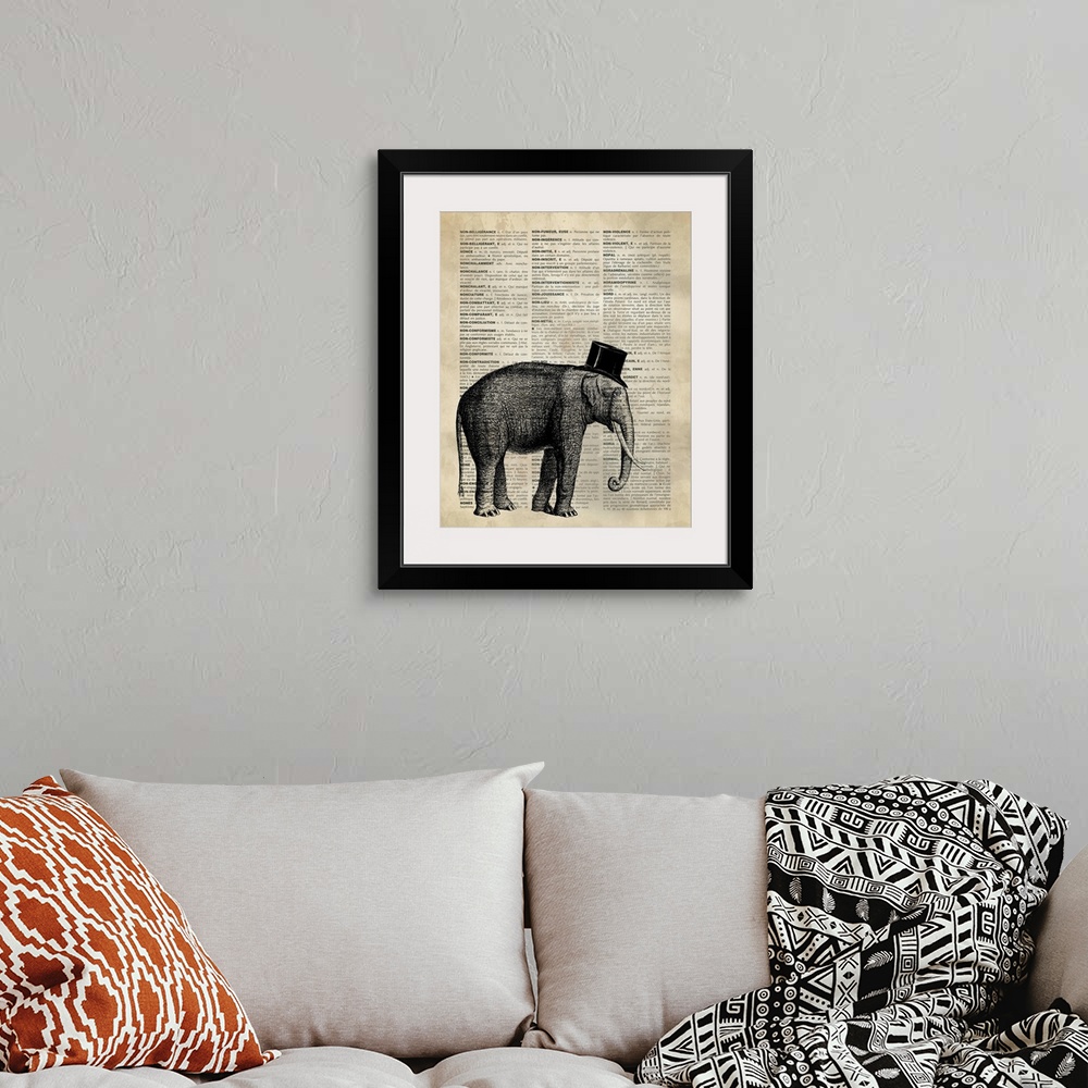 A bohemian room featuring Vintage Dictionary Art: Elephant