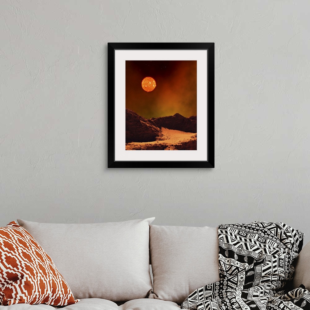 A bohemian room featuring A rugged planet landscape dimly lit by a distant red star