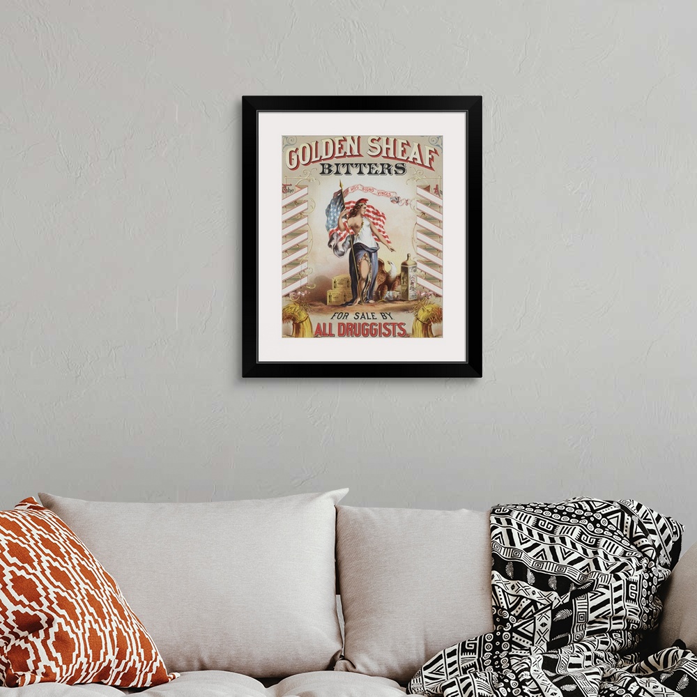 A bohemian room featuring Vintage Advertisement Of Goddess Columbia With An American Flag For Golden Sheaf Bitters