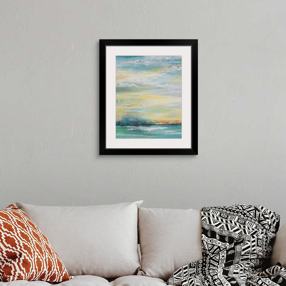 A bohemian room featuring Contemporary abstract colorfield painting resembling an oceanscape.