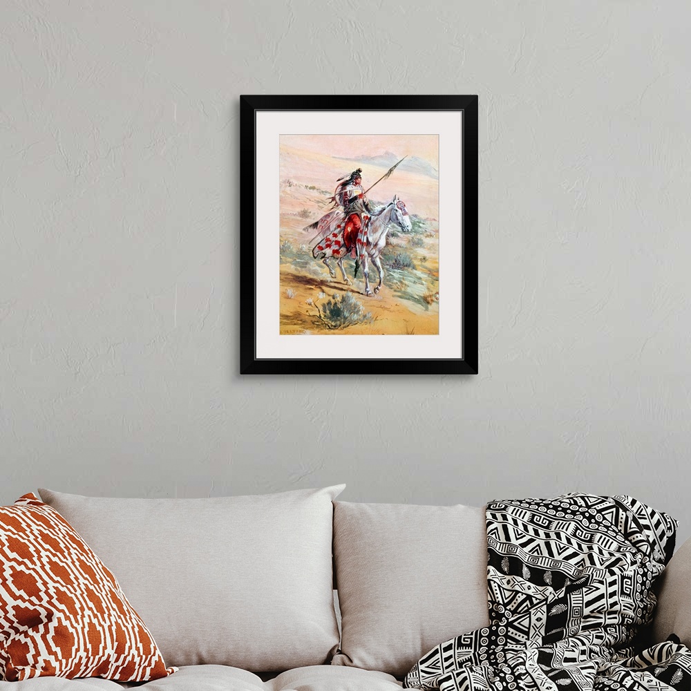 A bohemian room featuring Native American Warrior. A Native American Warrior On Horseback In A Western Landscape. Watercolo...