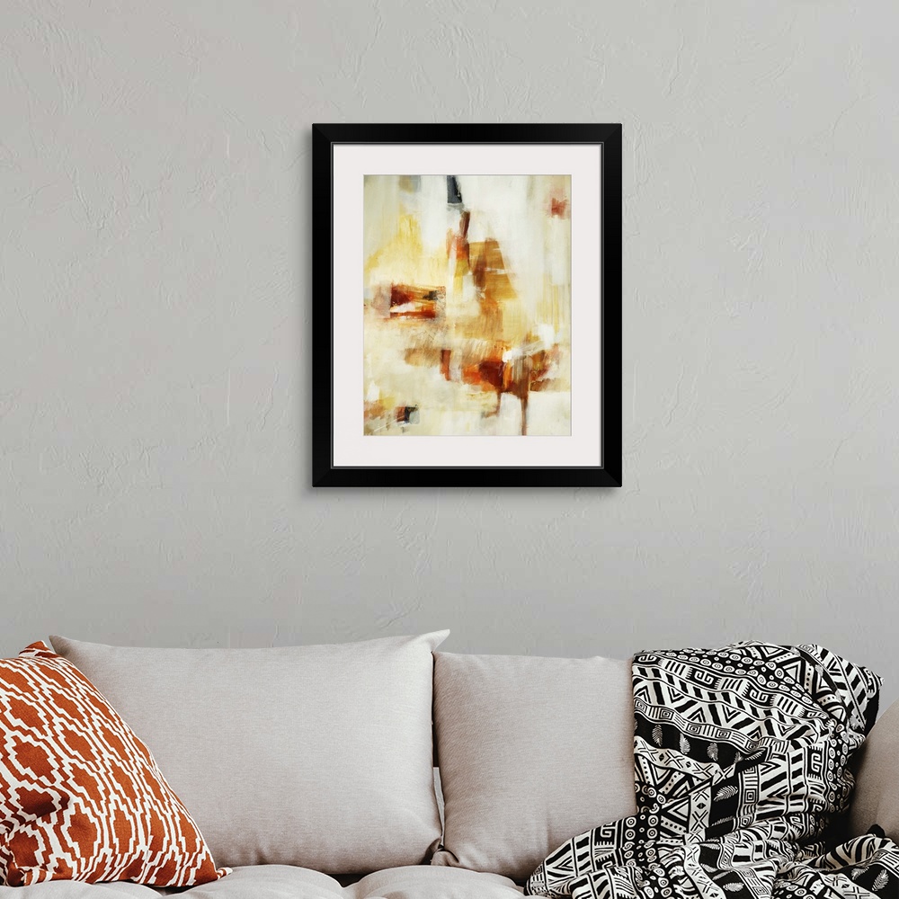 A bohemian room featuring Contemporary abstract painting of dark and pale orange tones against a neutral background.