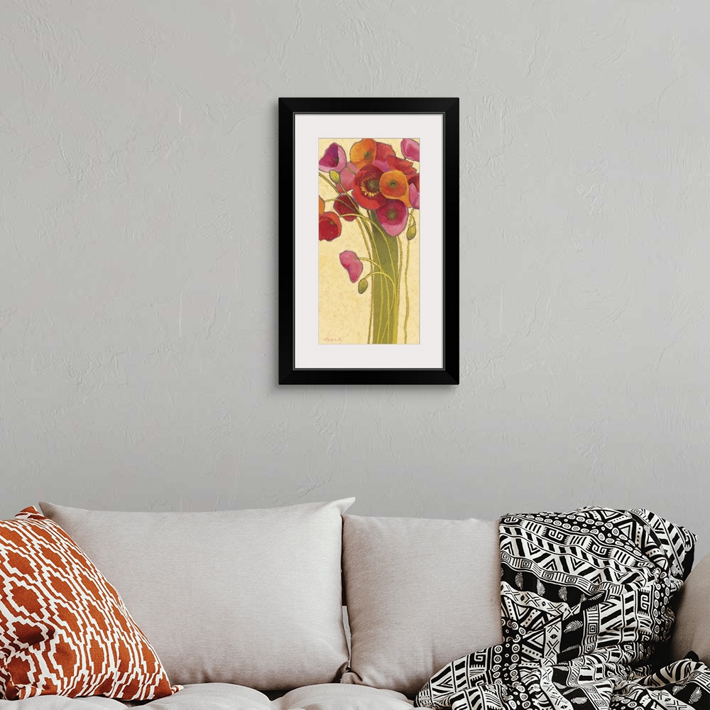 A bohemian room featuring Painting of many long-stemmed Poppies in warm tones against a neutral background.