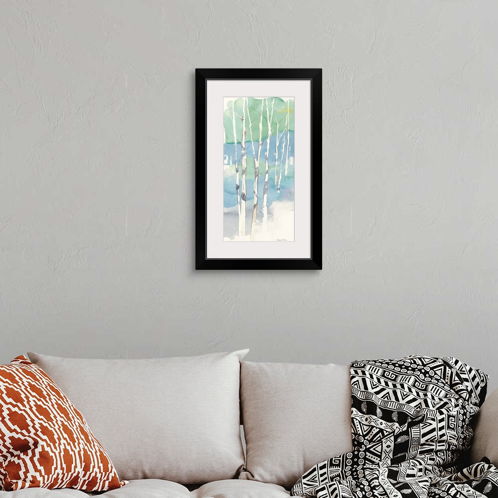 A bohemian room featuring Watercolor painting of thin aspen trees.