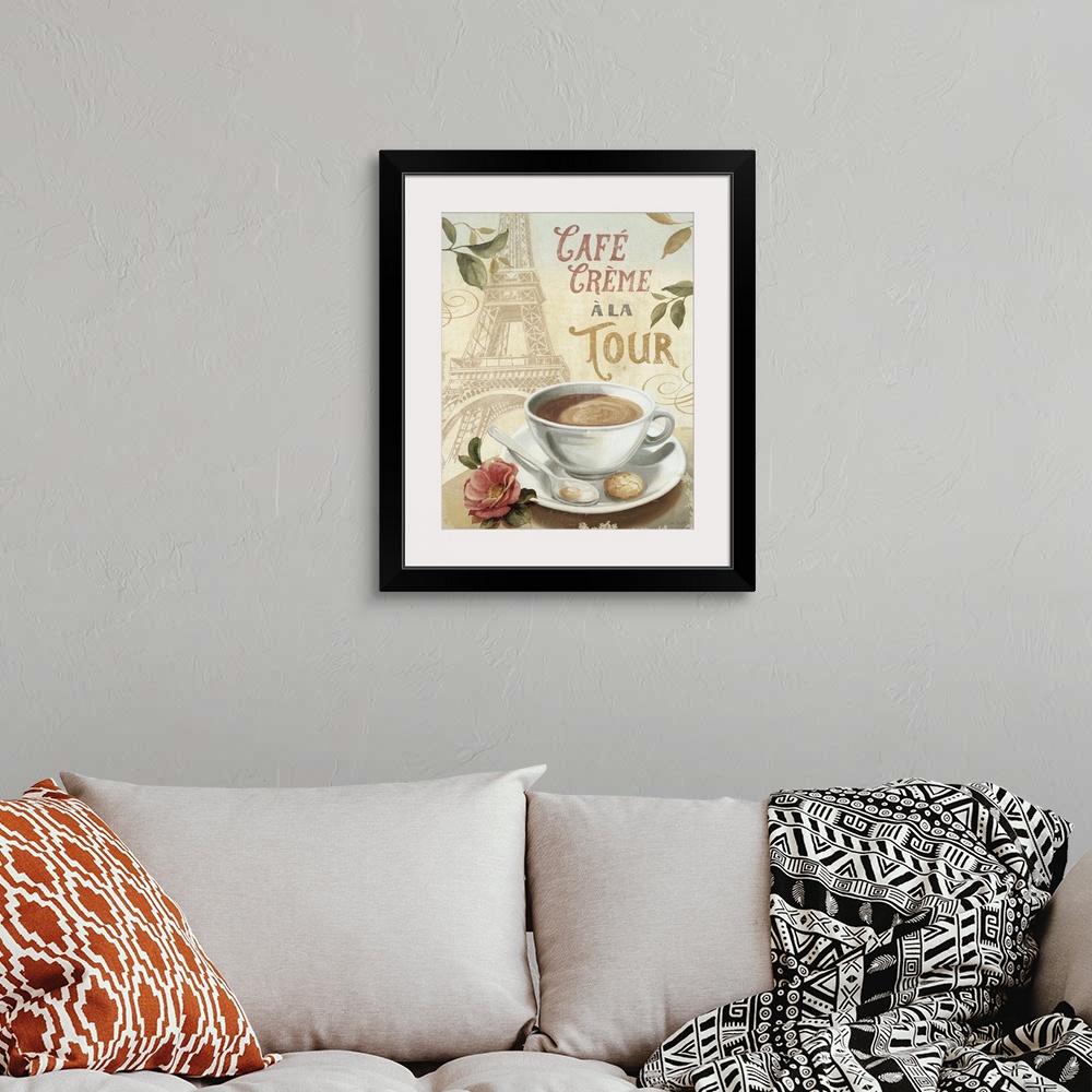 A bohemian room featuring Decorative wall art of a cup of coffee on a saucer with an illustration of the Eiffel Tower and t...