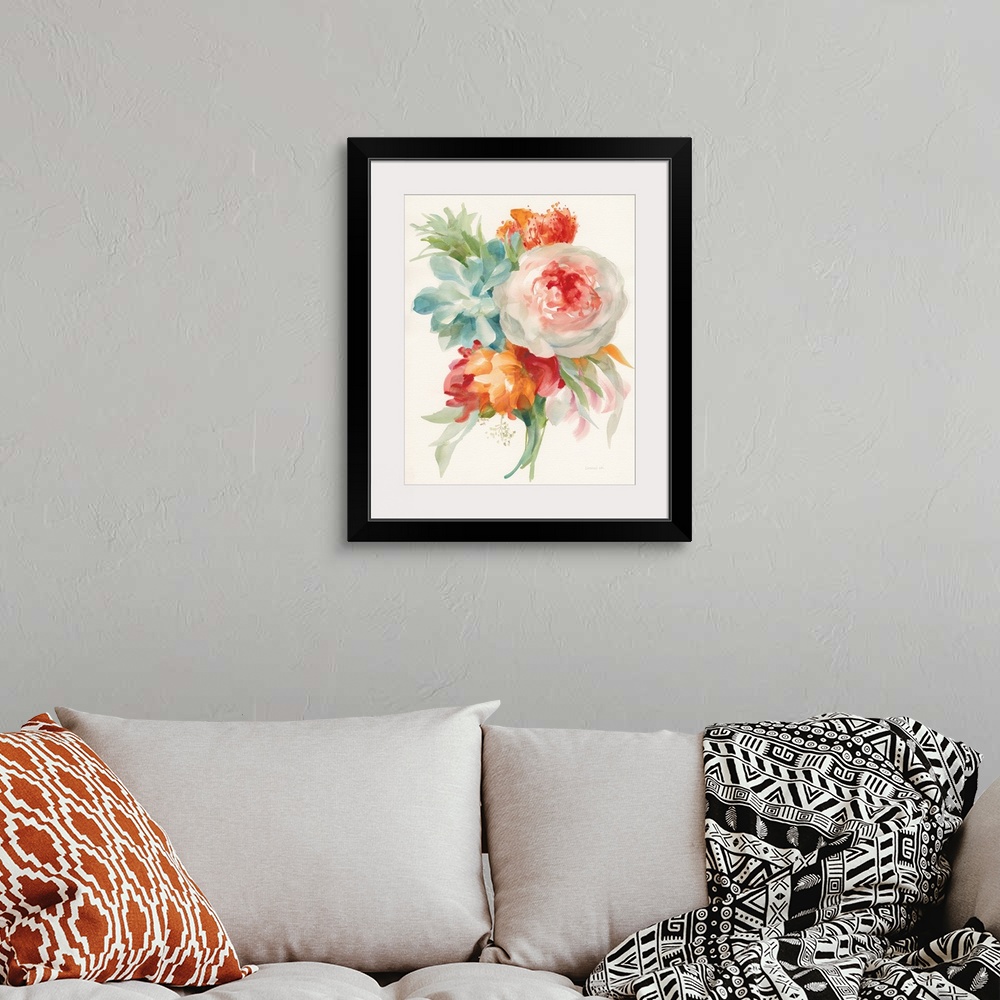 A bohemian room featuring Vertical watercolor painting of a variety of flowers in pastel colors.