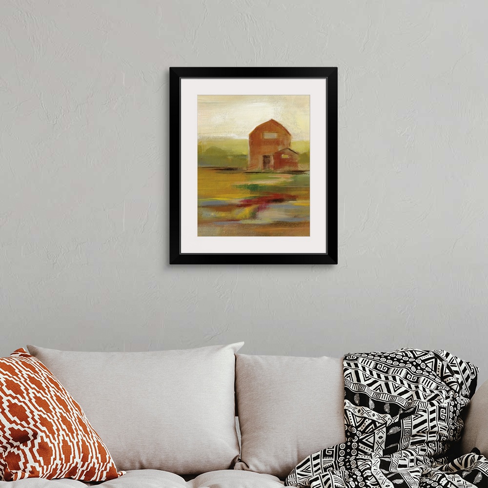 A bohemian room featuring Contemporary painting of a barn with an abstract landscape in an Autumn color palette.
