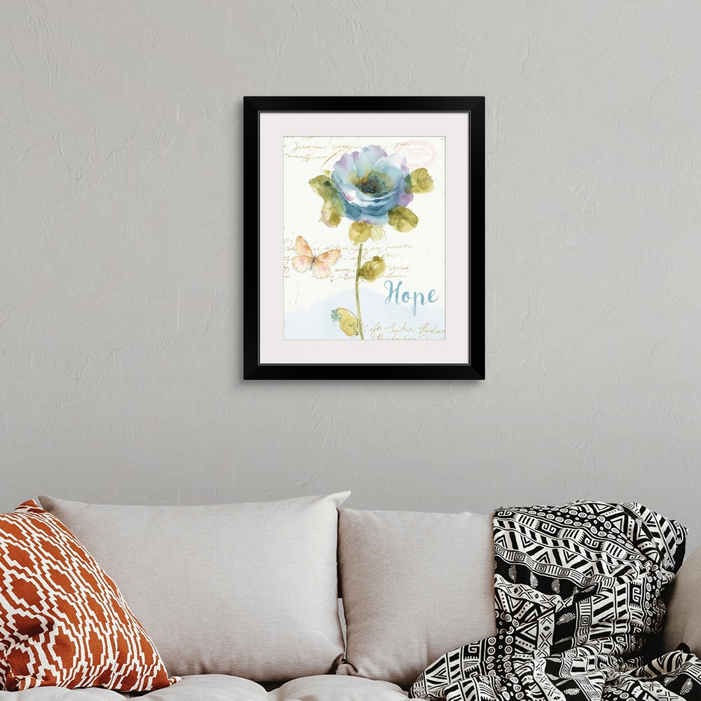 A bohemian room featuring Watercolor painting of a blue and purple toned flower and a butterfly with the word "Hope" writte...