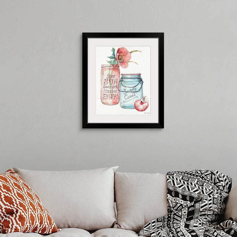 A bohemian room featuring Watercolor artwork of a flower in a mason jar with a seashell sitting next to it.