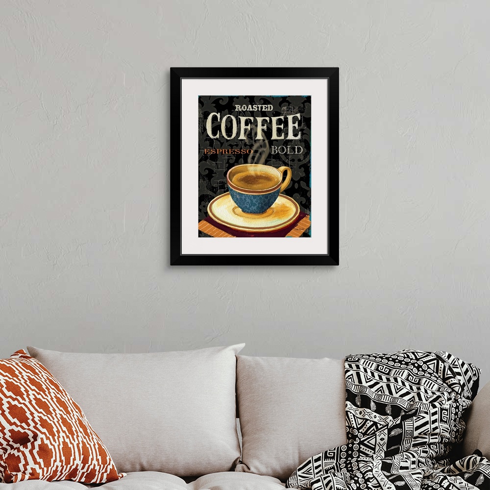 A bohemian room featuring Large vertical artwork a steaming cup of coffee on a saucer, on a crackling background with scrol...